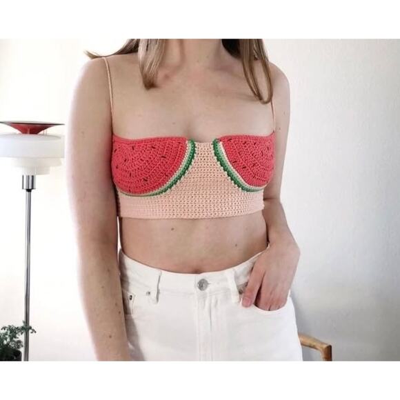 Handmade Crochet Watermelon Bralette Top Pink Tie-Back Size Medium - Picture 8 of 8